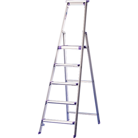A silver, freestanding ladder with six steps standing against a wall in the closed position. The steps and feet are purple.