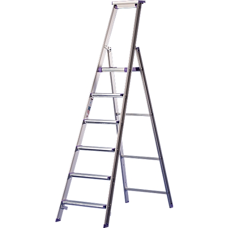 Silver stepladder with purple accents standing upright. It has five steps and is unfolded.