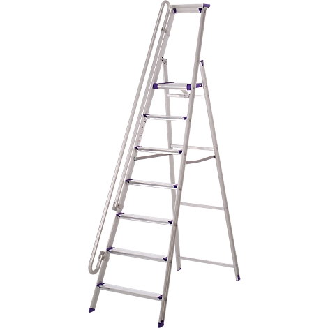 A silver stepladder with seven steps, a handrail and purple accents.