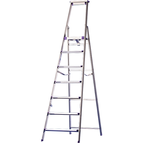 A silver stepladder with seven steps, purple accents and a white top frame.