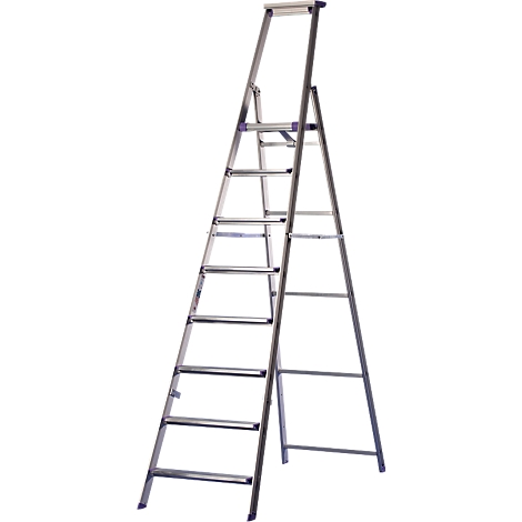 A silver double ladder set against a white background.