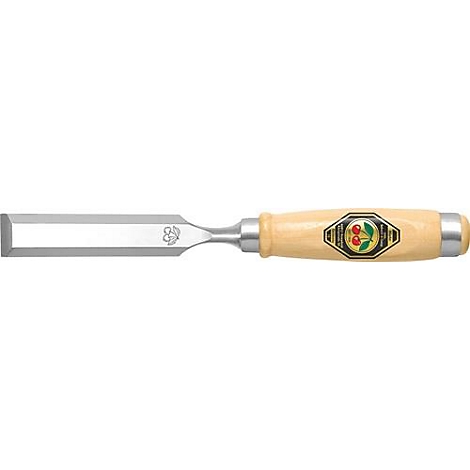 Een beitel met een houten handvat. Het blad is zilverkleurig, en er staat een logo op het handvat.