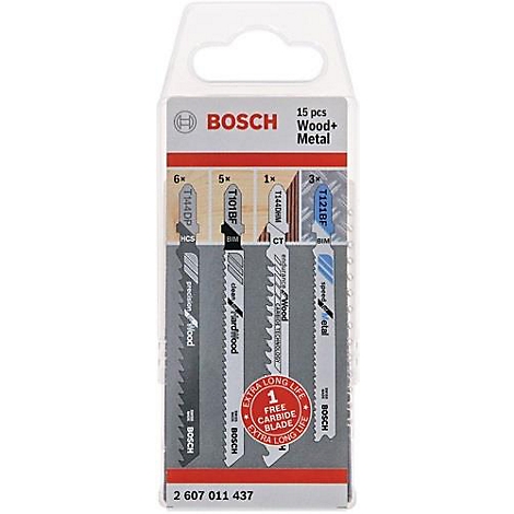 Eine Bosch-Verpackung mit 15 Sägeblättern für Holz und Metall. Die Blätter sind in einer transparenten Kunststoffverpackung angeordnet, mit Produktinformationen und der Marke Bosch.