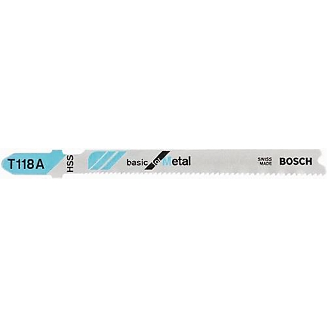 Sägeblatt für Metall, blau-graue Farbe, mit Beschriftungen wie "T118A", "basic metal", und "BOSCH".