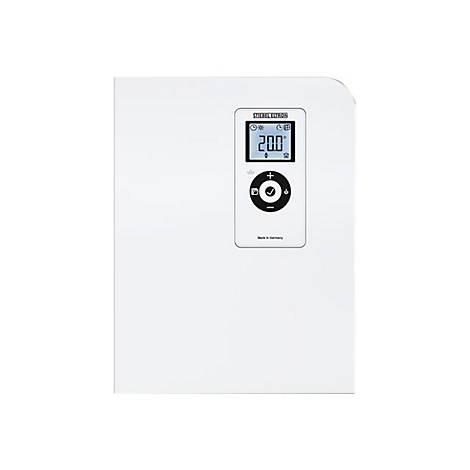 Weißes Wandgerät von Stiebel Eltron mit digitalem Display und Bedienfeld zur Temperatursteuerung.