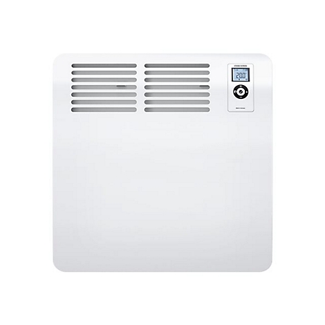 Weißer Wandheizkörper mit Lüftungsschlitzen oben links und einem digitalen Thermostat mit Display rechts.