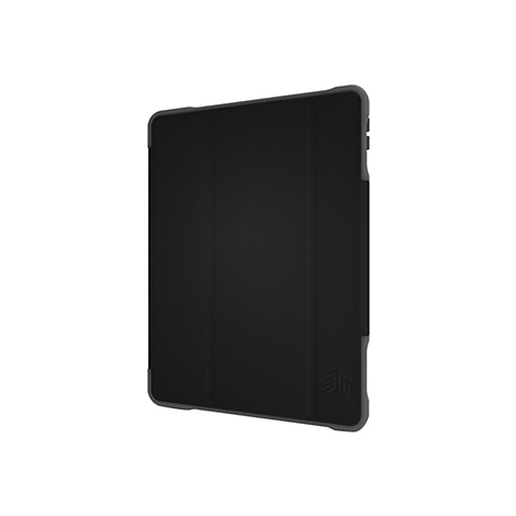 Schwarze Tablet-Hülle mit grauem Rahmen und Logo auf weißem Hintergrund.