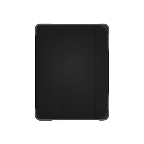 Schwarze Tablet-Hülle mit strukturiertem Muster, grauen Ecken und Logo unten rechts.