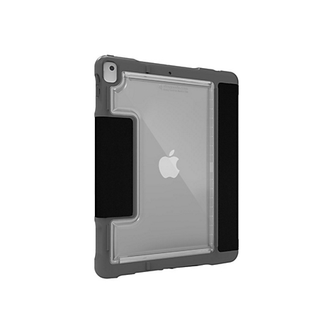 Ein graues iPad mit Hülle. Schwarze Griffe und durchsichtige Oberfläche mit Apple-Logo.