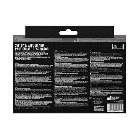 Verpakking van een 3M-ademhalingsapparaat met geïntegreerde filters, donkerblauw en wit. Op de verpakking staat een man afgebeeld die een masker draagt.