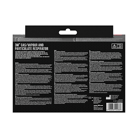 Blauw-wit 3M-ademhalingsmasker met geïntegreerde filters. De doos toont productkenmerken en een illustratie van het masker in gebruik.