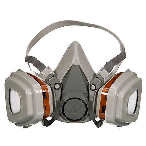 3M-ademhalingsmasker op de verpakking. Grijze masker, oranje details. Tekst: Respirator.