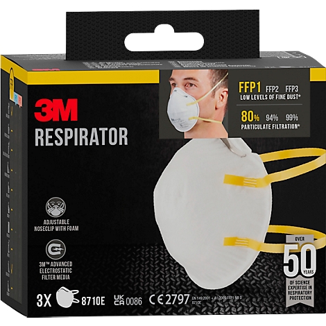 Een wit 3M-ademhalingsmasker op een productdoos, details zoals FFP1, FFP2, FFP3 en 80%, 94%, 99% deeltjesfiltratie.