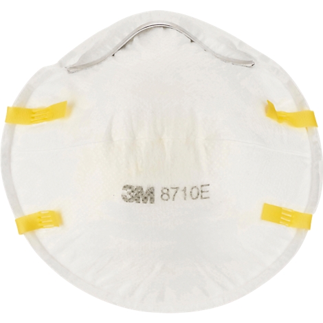 Witte 3M-ademhalingsmasker, gele bandjes, grijze draad, tekst: 3M 8710E.