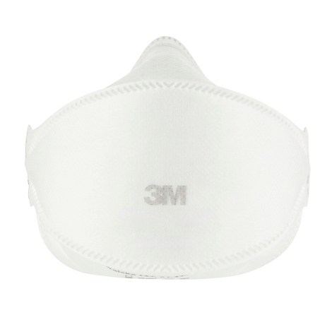 Wit ademhalingsmasker van het merk 3M. Het masker heeft een ongewone vorm met een punt aan de bovenkant en zijbevestigingen voor de oren.