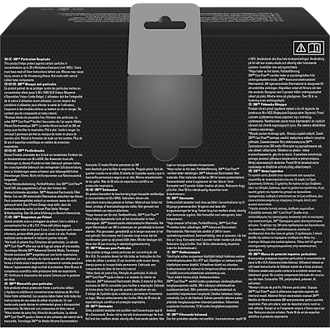 Zwarte doos met productinformatie en een hanger. Tekst in verschillende talen.