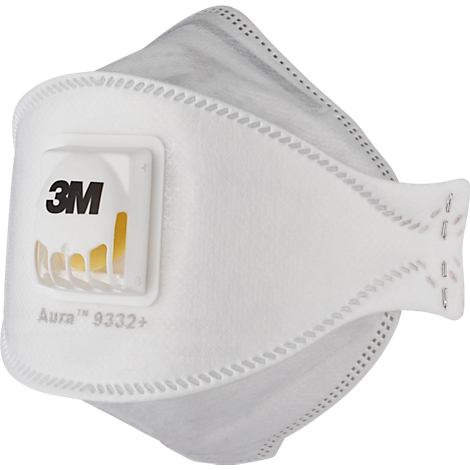 Witte 3M Aura 9332+ ademhalingsmasker, met ventiel en ingeprent 3M logo.