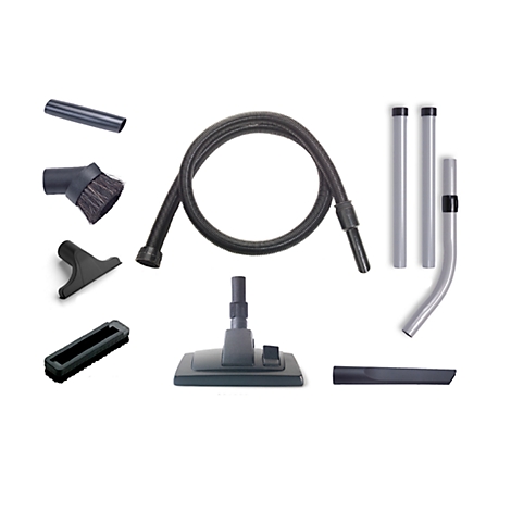 Stofzuigeraccessoires op een witte achtergrond. Diverse mondstukken, slangen en buizen.