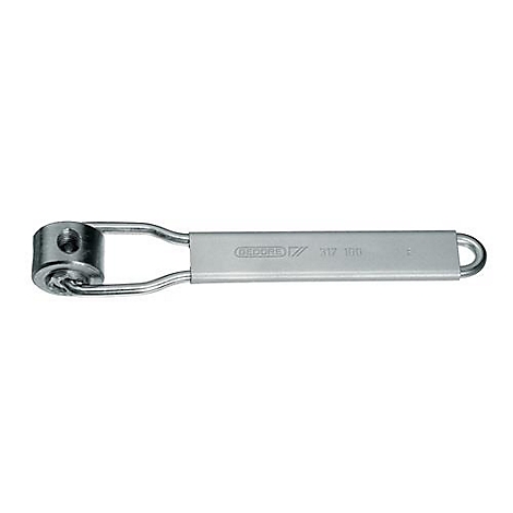 Metalen gereedschap, grijs, met een rond uiteinde, rechthoekig middendeel en gebogen eindlus.