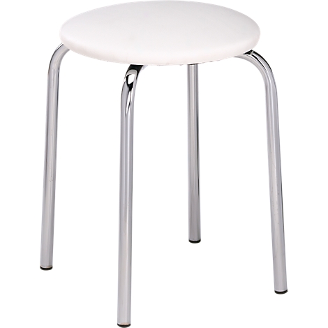 White stool with round seat and chrome metal legs.