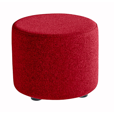Round, red stool with a fluffy fabric. It stands on three small black feet.