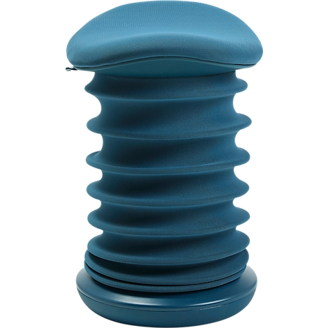 Blue seat, shaped like an accordion, with a round seat and base.