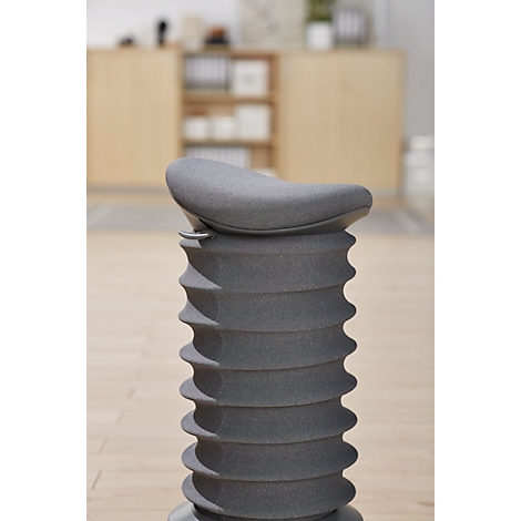 A gray ergonomic stool. Its seat is defined by a three-dimensional design.