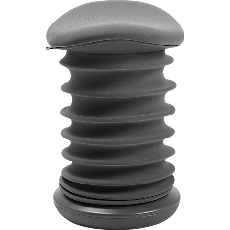 Grey, cylindrical stool with a ribbed structure and a round seat cushion.