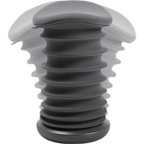 Gray ergonomic standing stool with ribbed column and seat.