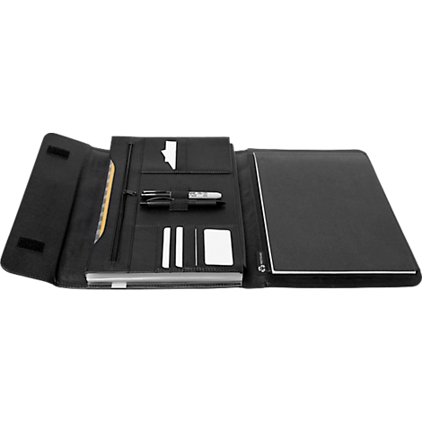 Black document folder, open, filled with documents. The closure is visible.