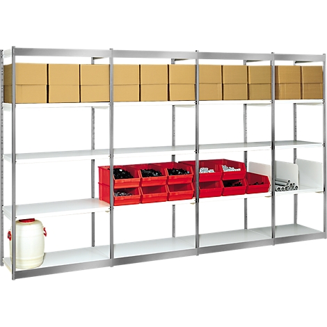 Warehouse shelf with boxes, red containers and white barrel.