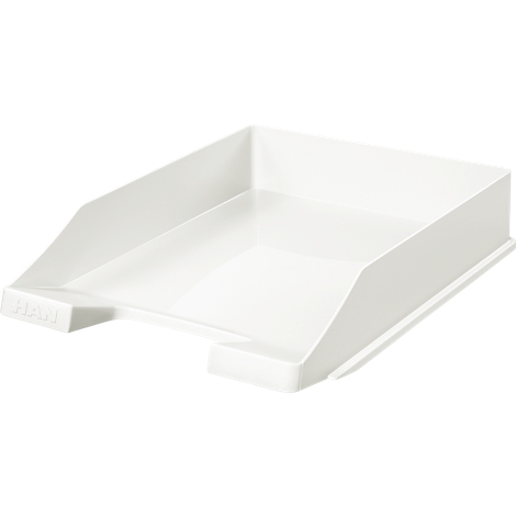White tray with slanted sides. The word "Hawi" is visible on the left side.