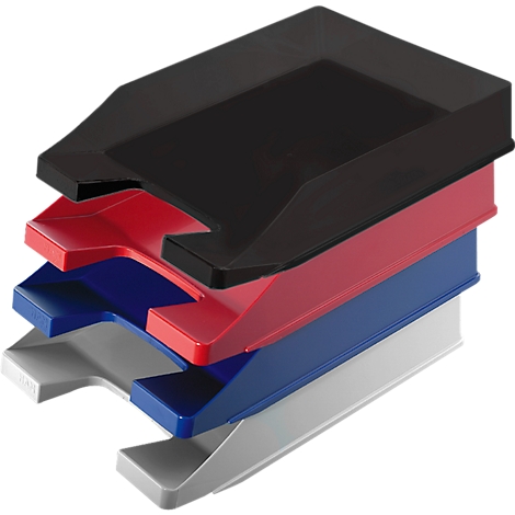 Stacked file trays in black, red, blue, and grey. Shaped cutouts on the front.