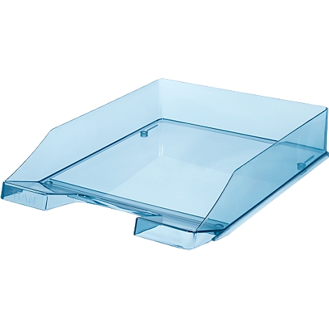 Light blue, transparent plastic tray. Angled side walls with rounded corners.