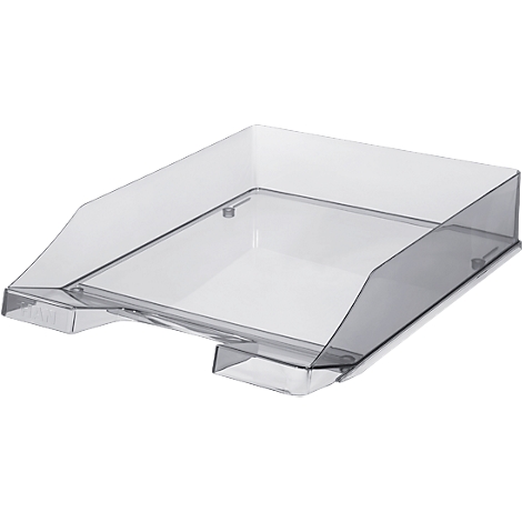 Clear, angular plastic letter tray. Front with small recess. Angled sides, for easy gripping.