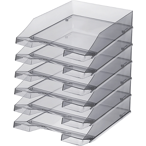 Gray, transparent stacked document trays. Angled top edge and rectangular shape. Ideal for paper and documents.