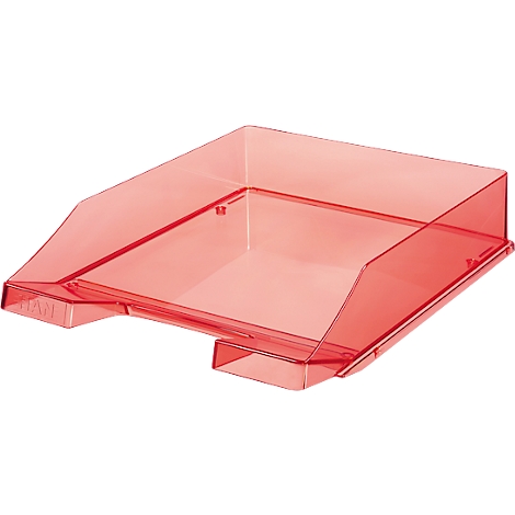 Red, transparent letter tray. The letters 'HAN' are visible on the front.