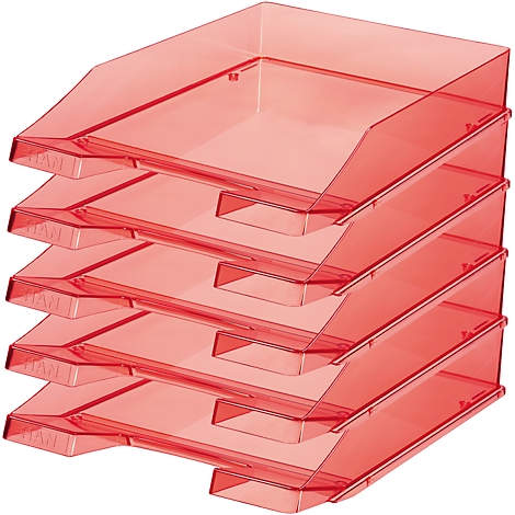 Stack of four red, transparent letter trays. Each tray slopes slightly upwards.