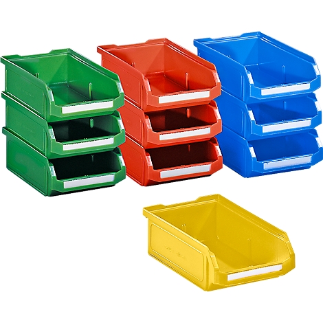Multicolor plastic storage bins. Stackable containers in green, red, and blue, with yellow bin in front.