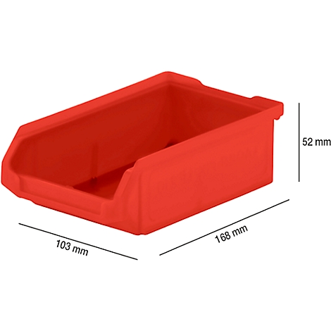 Red plastic box with dimensions. Box: 168 mm long, 103 mm wide, 52 mm high.