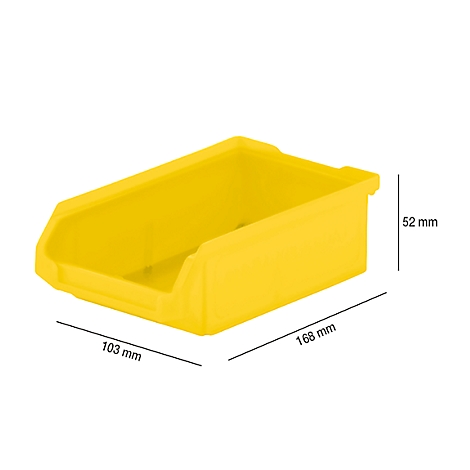 Yellow plastic box with dimensions: 168 mm x 103 mm x 52 mm.