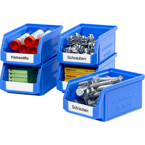 Blue plastic boxes with glue sticks, screws and labels.