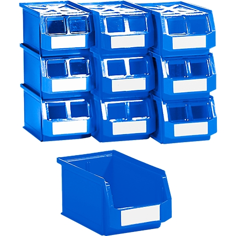 Blue plastic sorting boxes, stacked, with labels, one box individually.