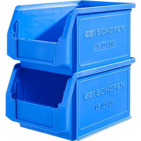 Two blue plastic boxes stacked on top of each other. Inscription "SCHÄFER" and "LF 221 ZW".