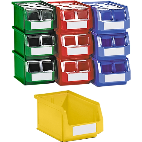 Three stacks of colorful storage bins, green, red, and blue. A single yellow box below.