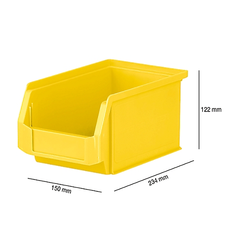 Yellow plastic storage bin with dimensions: 234 x 150 x 122 mm. Ideal for storing small parts.