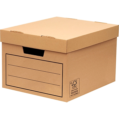 Closed brown archival box with lid. The front has lines for labeling and the FSC recycled logo is visible.