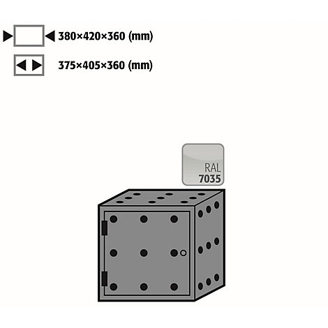Gray cube with dots and a small door knob. Next to it are dimensions and RAL 7035.