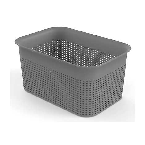 Grey, rectangular storage box with holes on the sides.