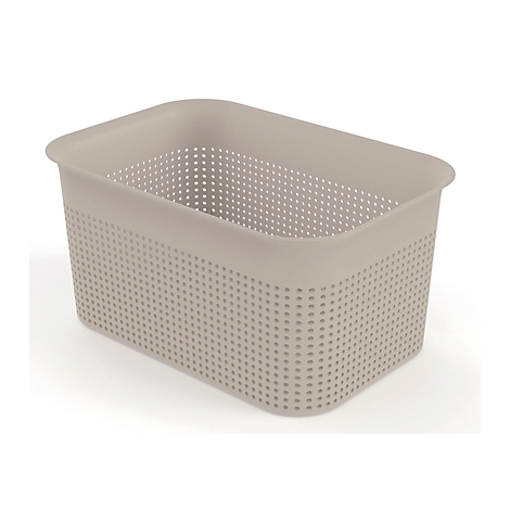 Beige rectangular basket with small holes on a white background.